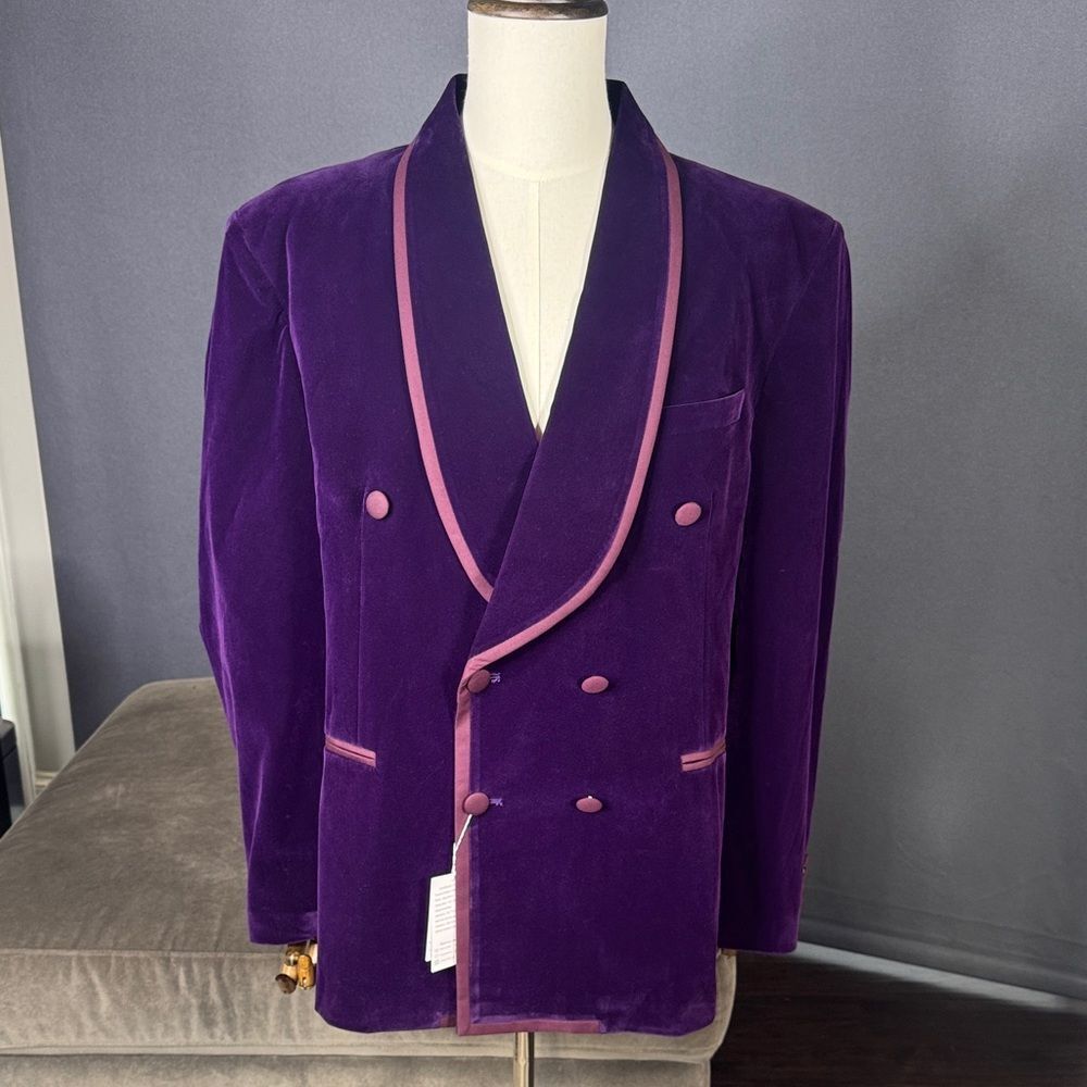 Men’s Purple Double Breasted Velvet 3 Piece Suit 48 Jacket 42 Pants Shawl NWT